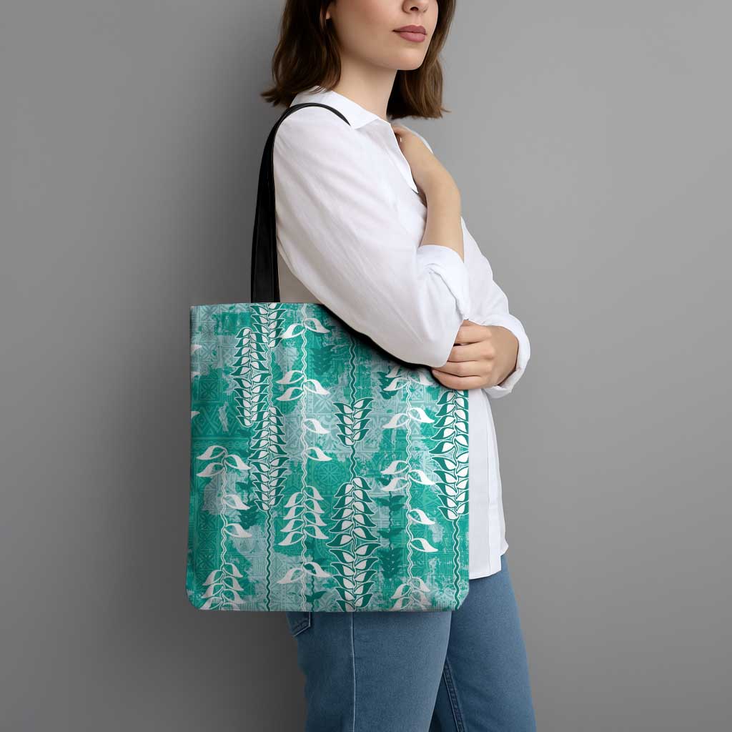 Teal Hawaii Tapa Pattern Tote Bag With Heliconia Vintage Style