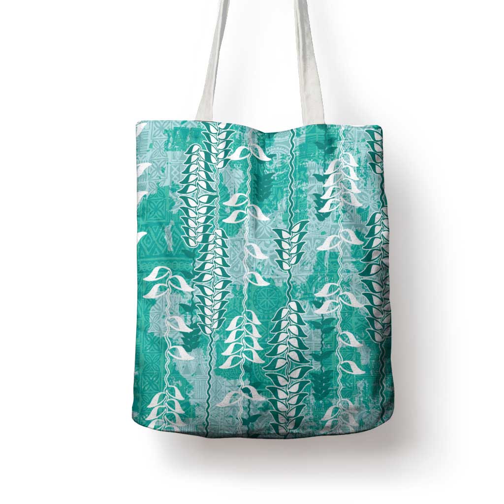 Teal Hawaii Tapa Pattern Tote Bag With Heliconia Vintage Style