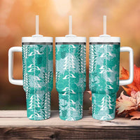 Teal Hawaii Tapa Pattern Tumbler With Handle With Heliconia Vintage Style