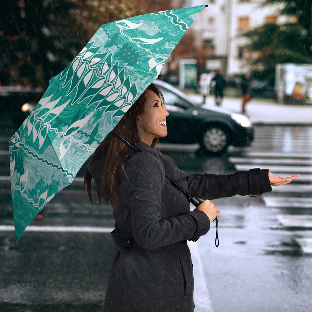 Teal Hawaii Tapa Pattern Umbrella With Heliconia Vintage Style
