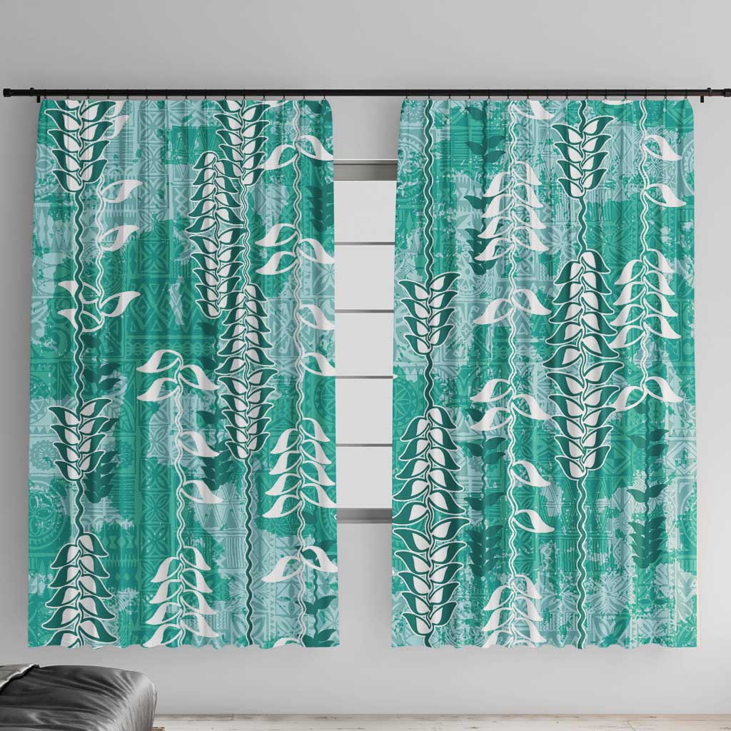 Teal Hawaii Tapa Pattern Window Curtain With Heliconia Vintage Style