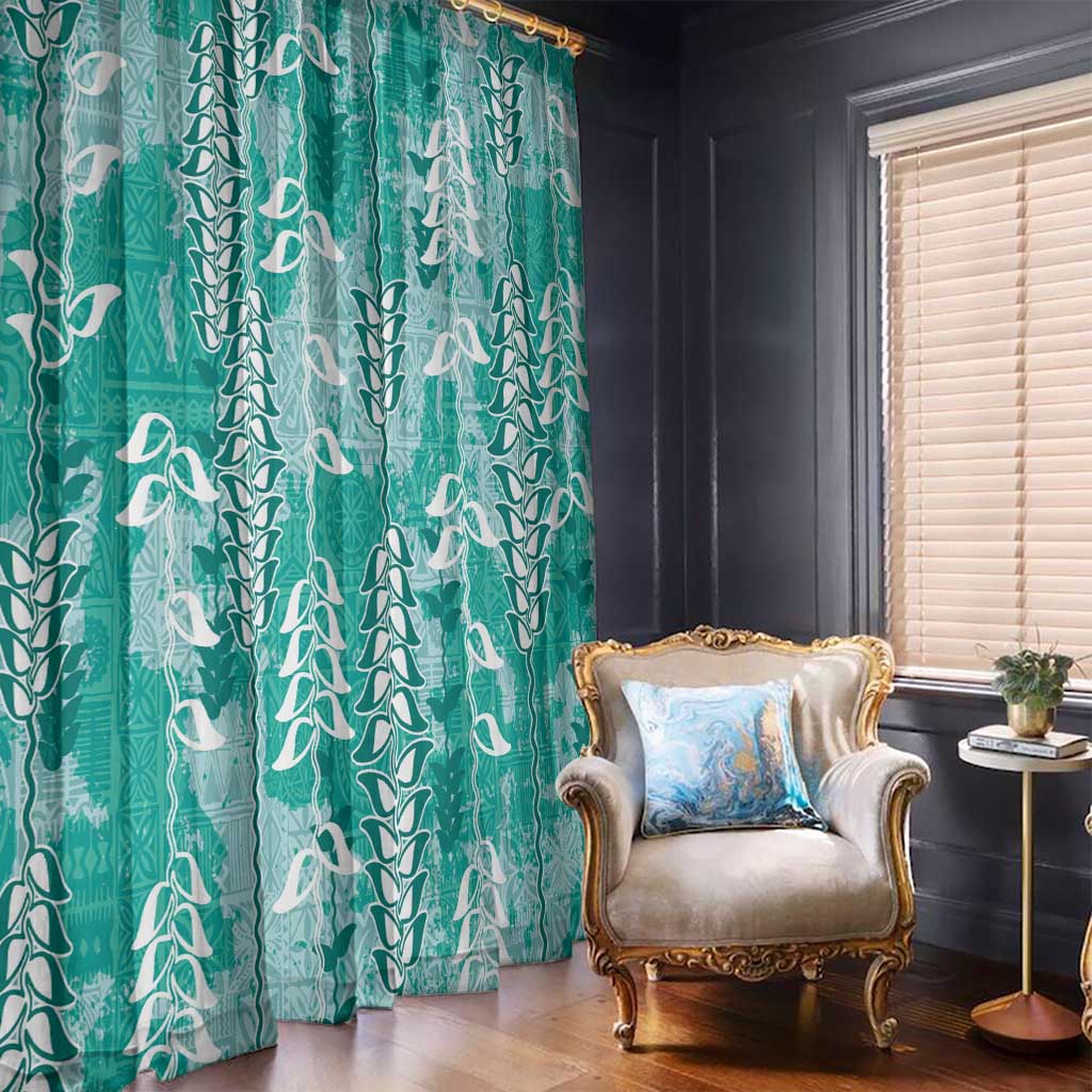 Teal Hawaii Tapa Pattern Window Curtain With Heliconia Vintage Style