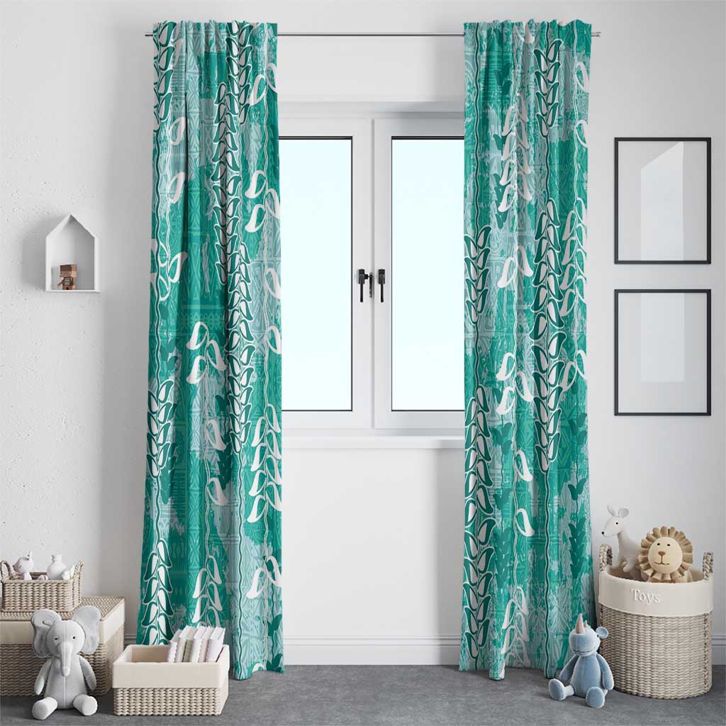 Teal Hawaii Tapa Pattern Window Curtain With Heliconia Vintage Style