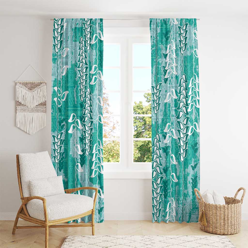 Teal Hawaii Tapa Pattern Window Curtain With Heliconia Vintage Style