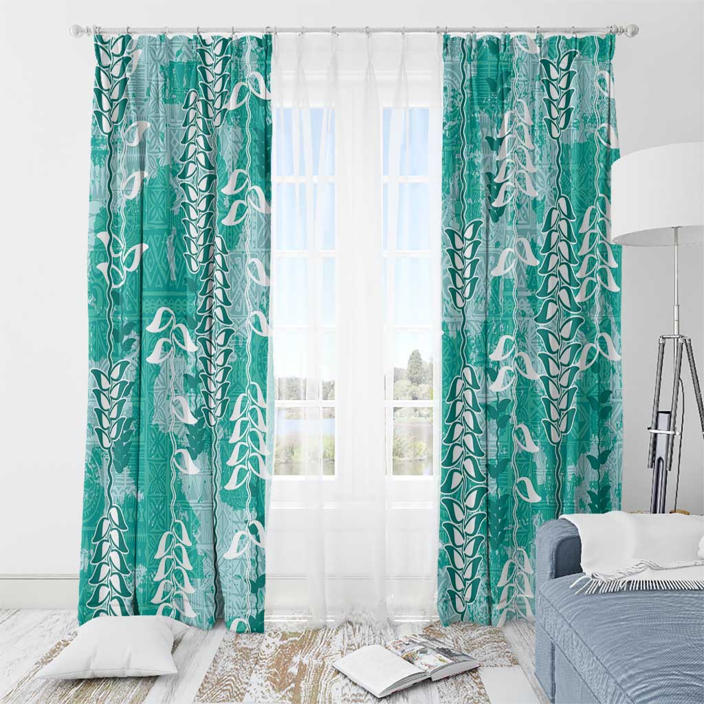 Teal Hawaii Tapa Pattern Window Curtain With Heliconia Vintage Style
