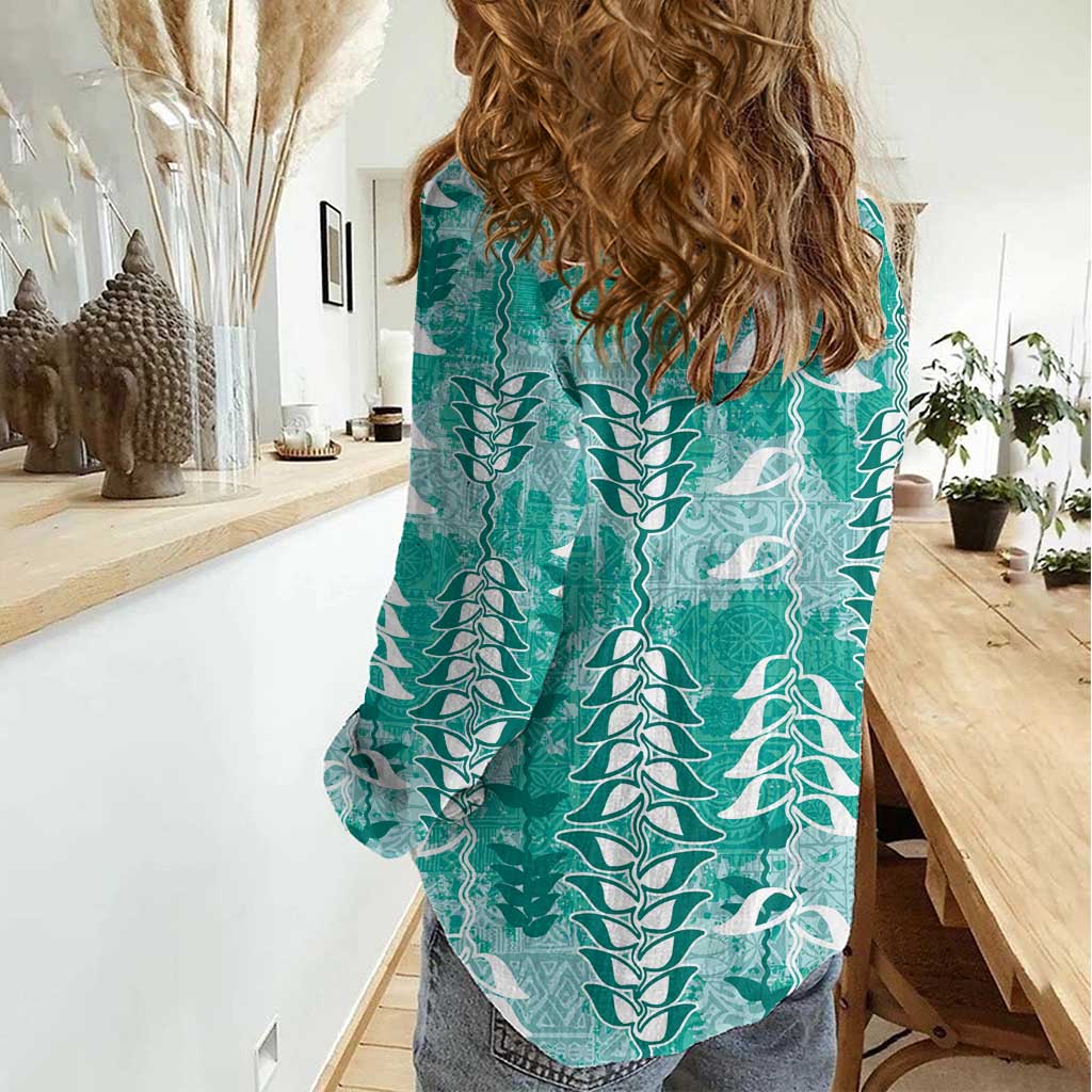 Teal Hawaii Tapa Pattern Women Casual Shirt With Heliconia Vintage Style