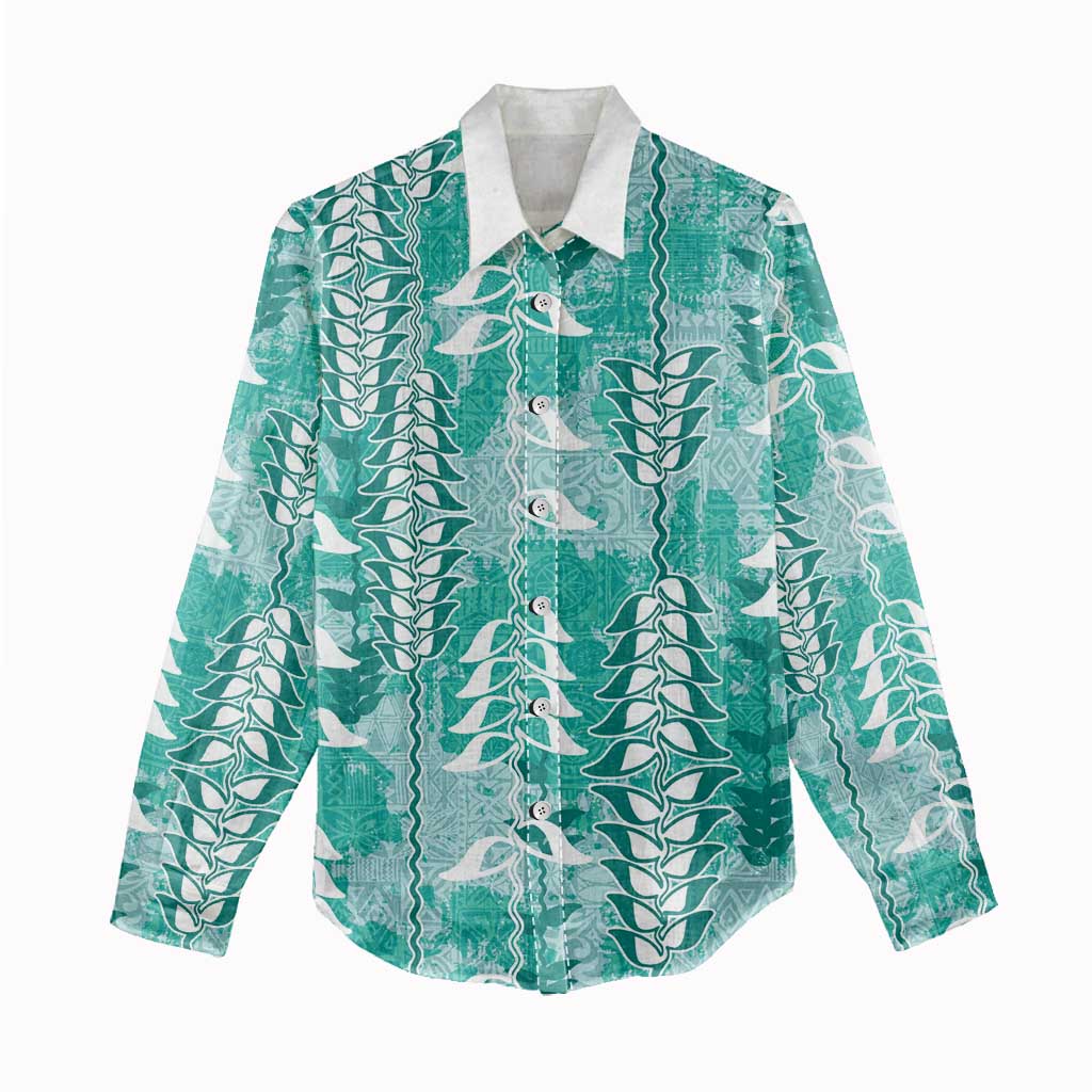 Teal Hawaii Tapa Pattern Women Casual Shirt With Heliconia Vintage Style