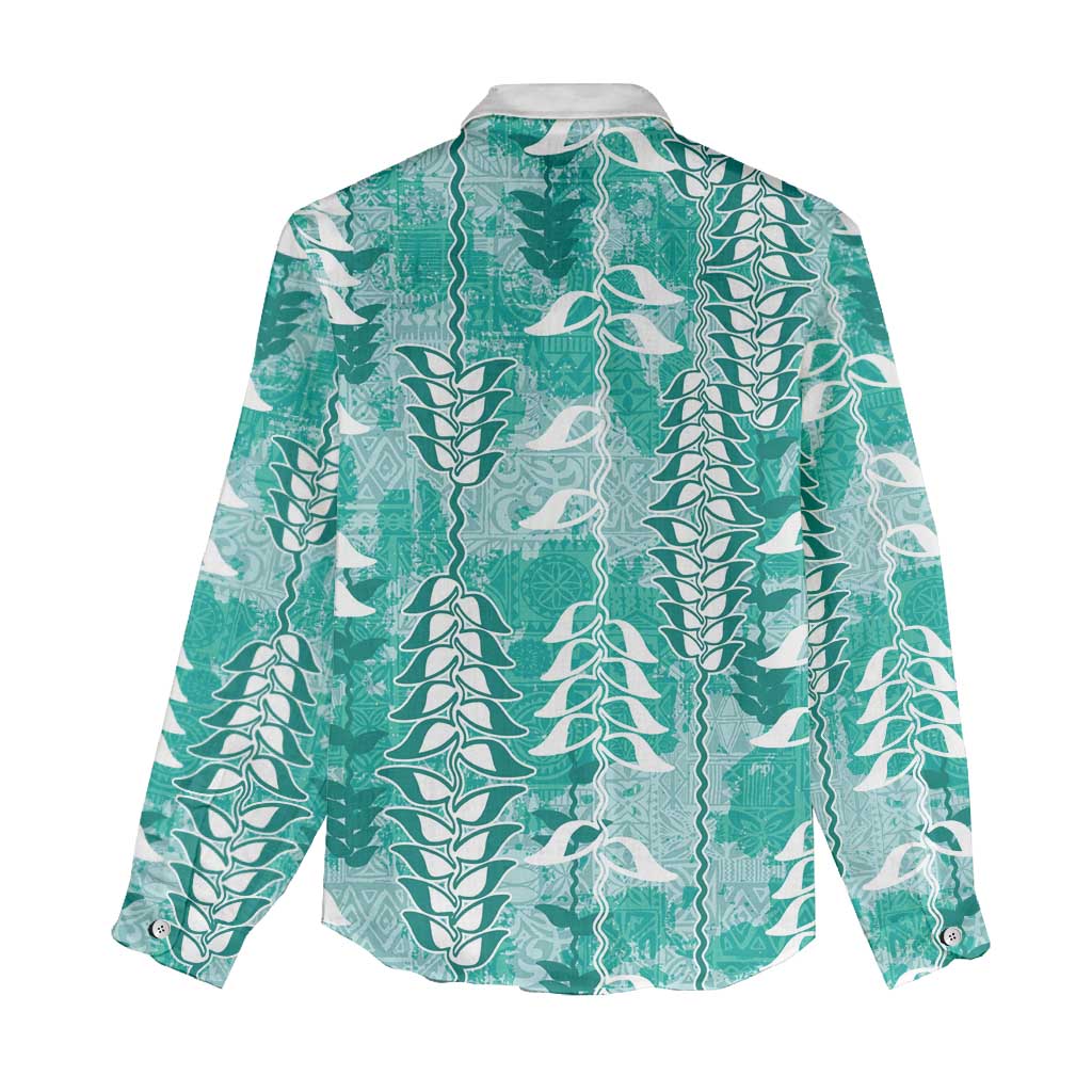 Teal Hawaii Tapa Pattern Women Casual Shirt With Heliconia Vintage Style