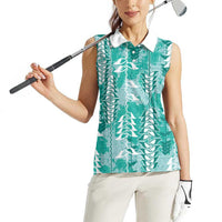 Teal Hawaii Tapa Pattern Women Sleeveless Polo Shirt With Heliconia Vintage Style