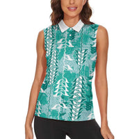 Teal Hawaii Tapa Pattern Women Sleeveless Polo Shirt With Heliconia Vintage Style