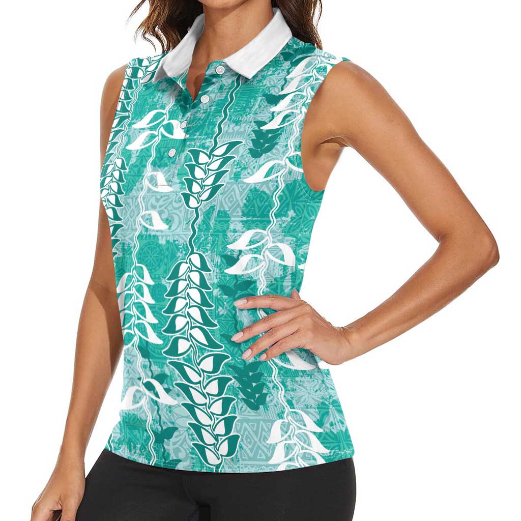 Teal Hawaii Tapa Pattern Women Sleeveless Polo Shirt With Heliconia Vintage Style