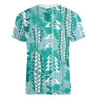 Teal Hawaii Tapa Pattern Women V-Neck T-Shirt With Heliconia Vintage Style
