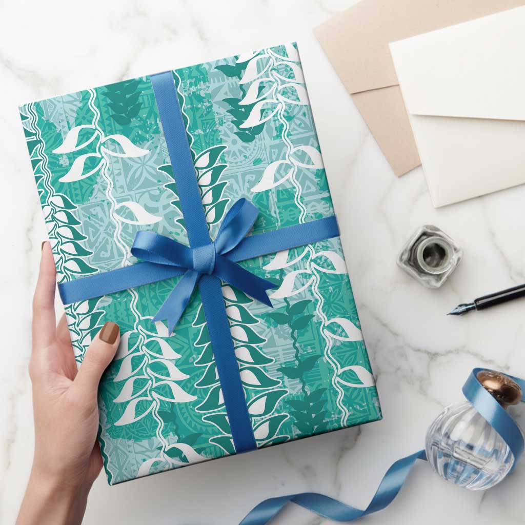 Teal Hawaii Tapa Pattern Wrapping Paper With Heliconia Vintage Style