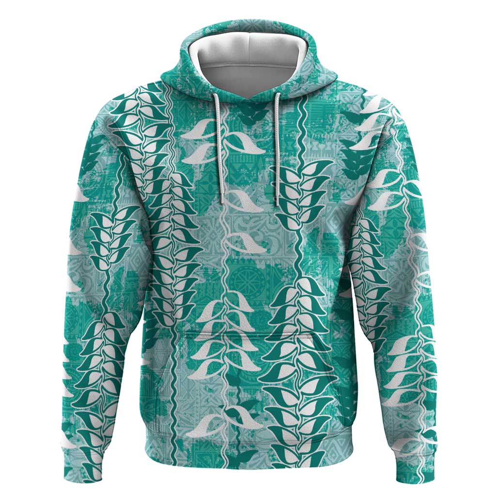 Teal Hawaii Tapa Pattern Zip Hoodie With Heliconia Vintage Style