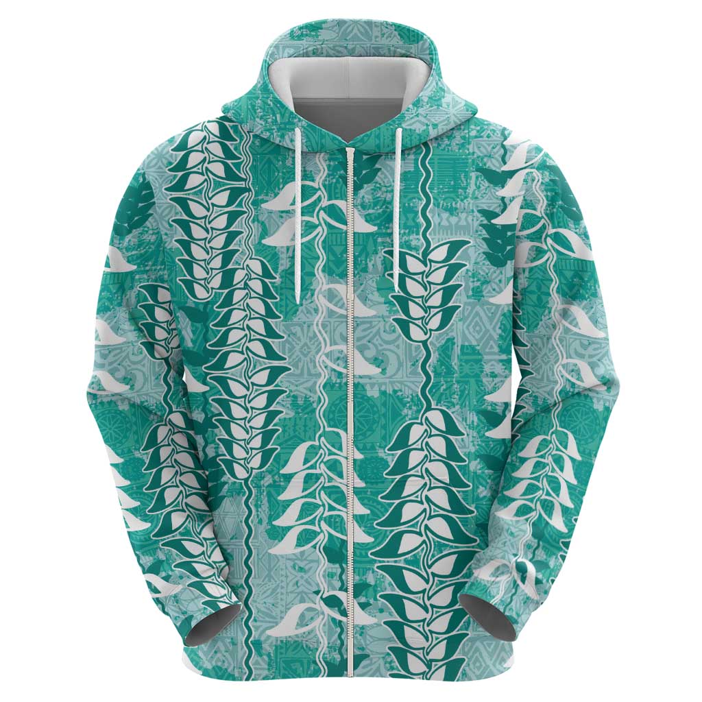 Teal Hawaii Tapa Pattern Zip Hoodie With Heliconia Vintage Style