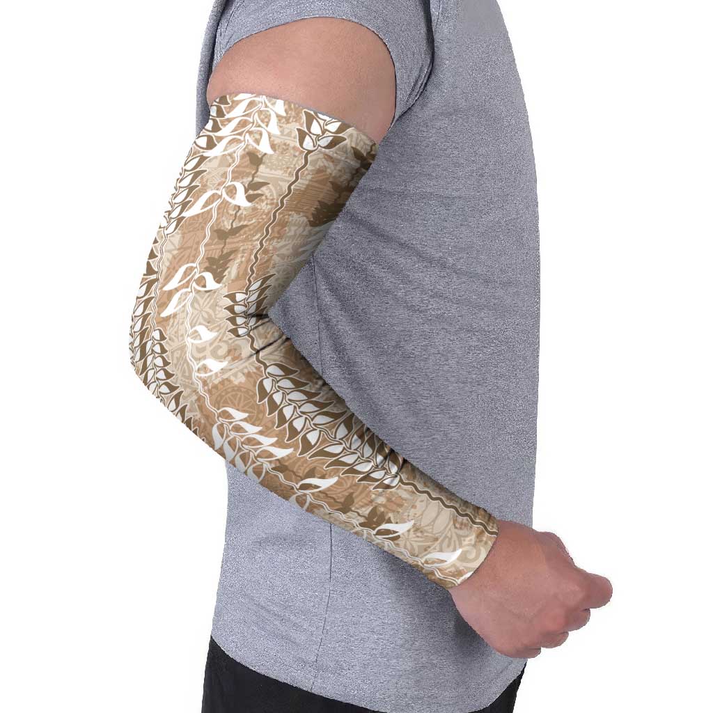 Beige Hawaii Tapa Pattern Arm Sleeves With Heliconia Vintage Style