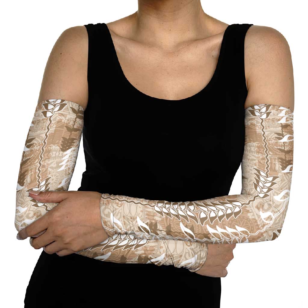 Beige Hawaii Tapa Pattern Arm Sleeves With Heliconia Vintage Style