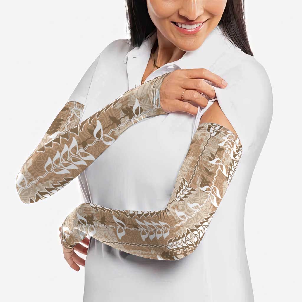 Beige Hawaii Tapa Pattern Arm Sleeves With Heliconia Vintage Style