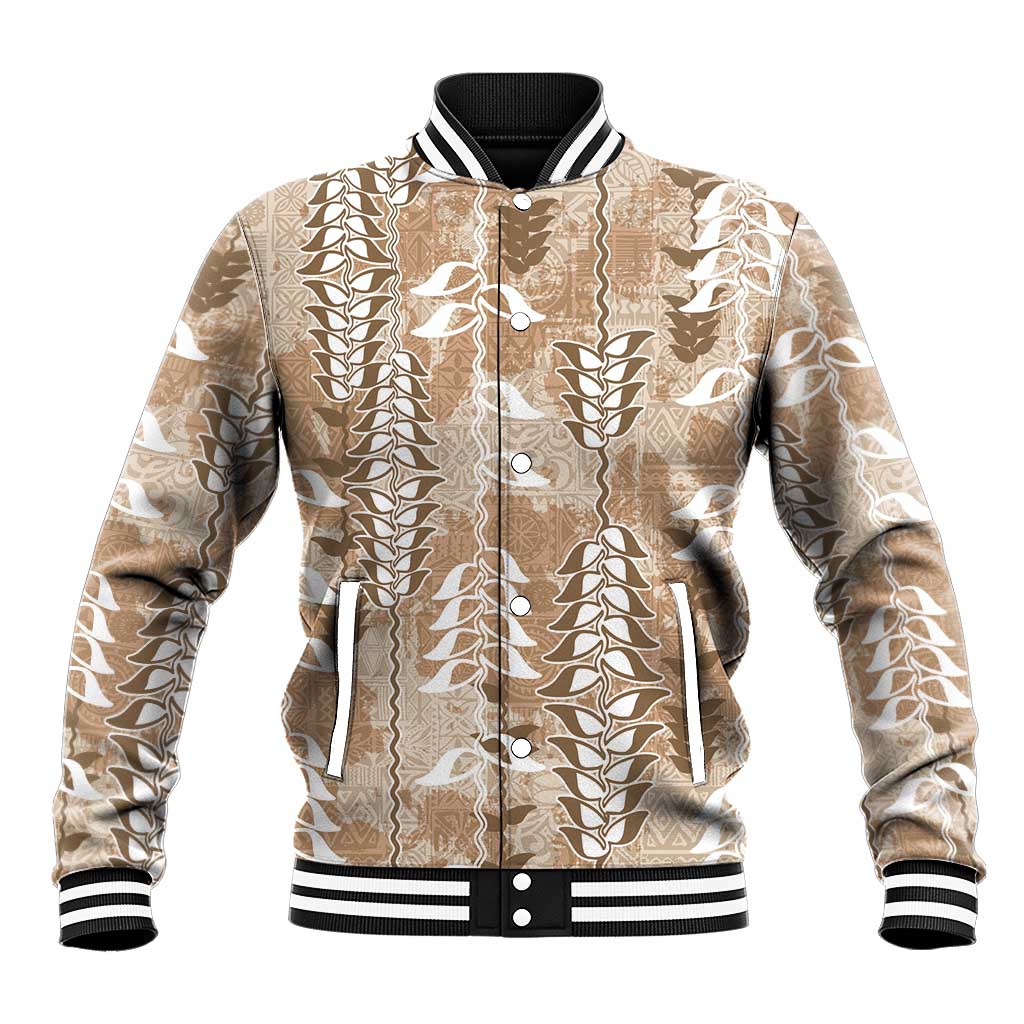 Beige Hawaii Tapa Pattern Baseball Jacket With Heliconia Vintage Style