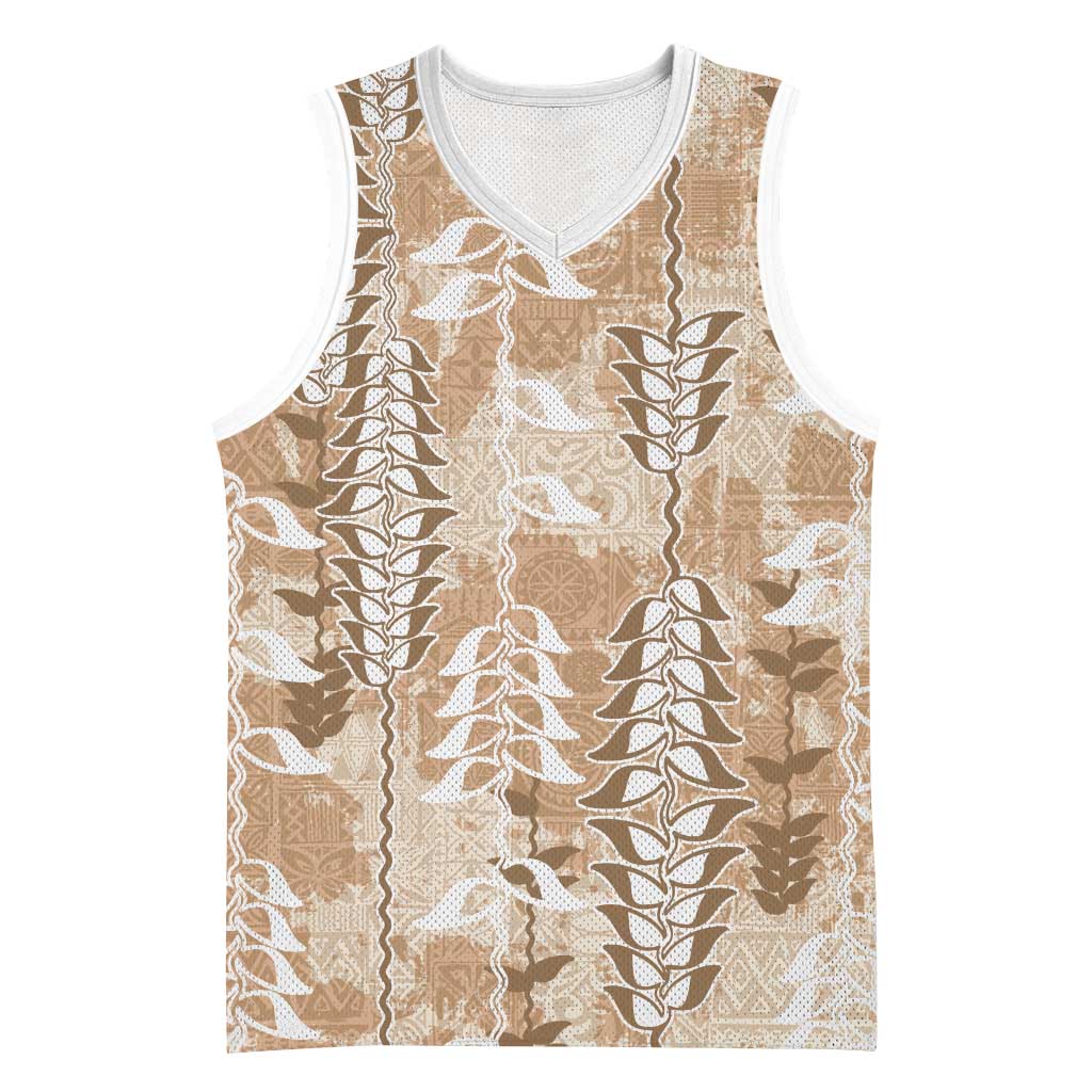 Beige Hawaii Tapa Pattern Basketball Jersey With Heliconia Vintage Style