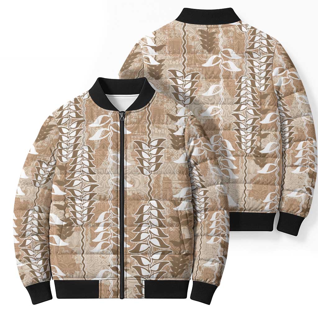 Beige Hawaii Tapa Pattern Bomber Puffer Jacket With Heliconia Vintage Style