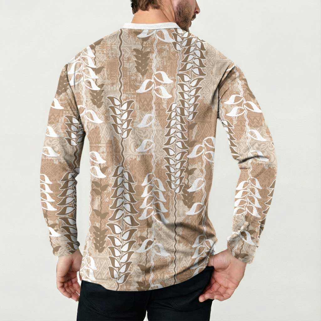 Beige Hawaii Tapa Pattern Button Sweatshirt With Heliconia Vintage Style