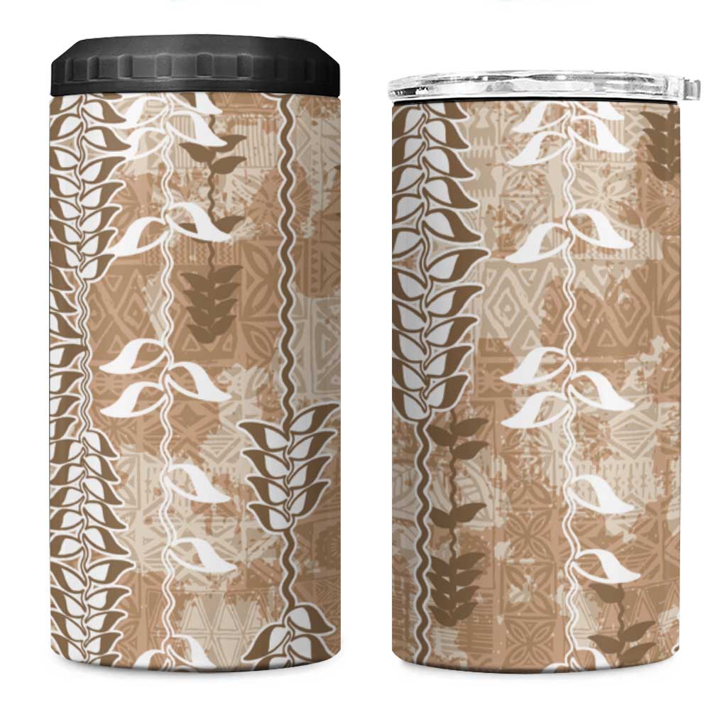 Beige Hawaii Tapa Pattern 4 in 1 Can Cooler Tumbler With Heliconia Vintage Style