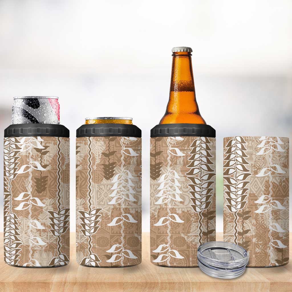 Beige Hawaii Tapa Pattern 4 in 1 Can Cooler Tumbler With Heliconia Vintage Style