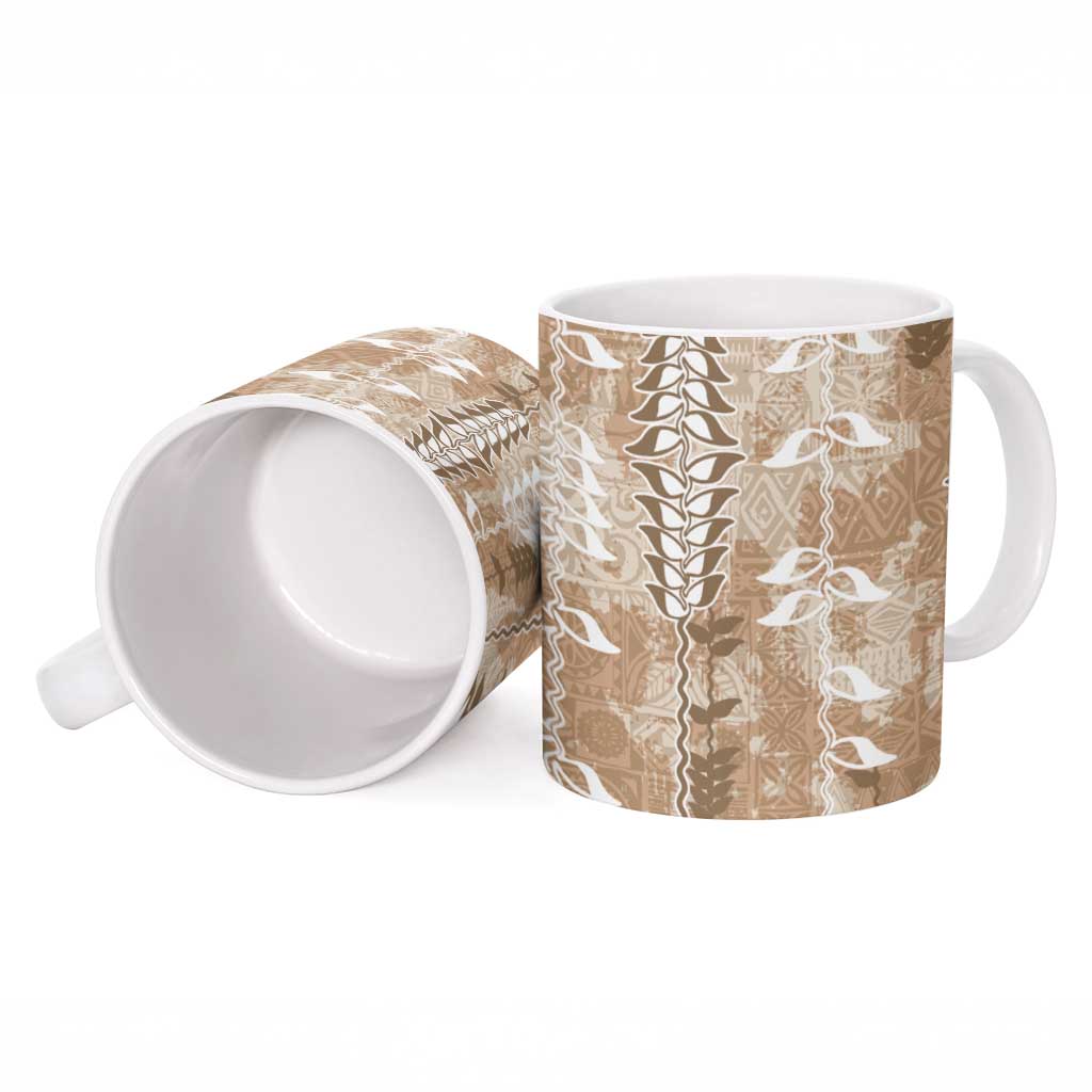 Beige Hawaii Tapa Pattern Ceramic Mug With Heliconia Vintage Style