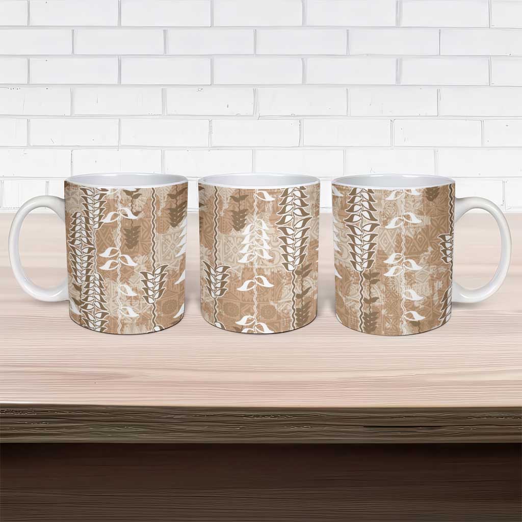 Beige Hawaii Tapa Pattern Ceramic Mug With Heliconia Vintage Style