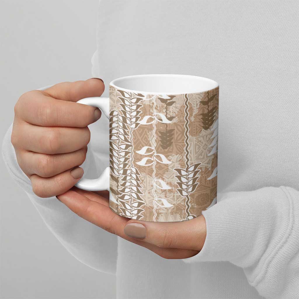 Beige Hawaii Tapa Pattern Ceramic Mug With Heliconia Vintage Style