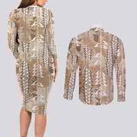 Beige Hawaii Tapa Pattern Couples Matching Long Sleeve Bodycon Dress and Long Sleeve Button Shirt With Heliconia Vintage Style