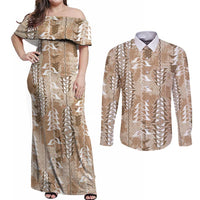Beige Hawaii Tapa Pattern Couples Matching Off Shoulder Maxi Dress and Long Sleeve Button Shirt With Heliconia Vintage Style