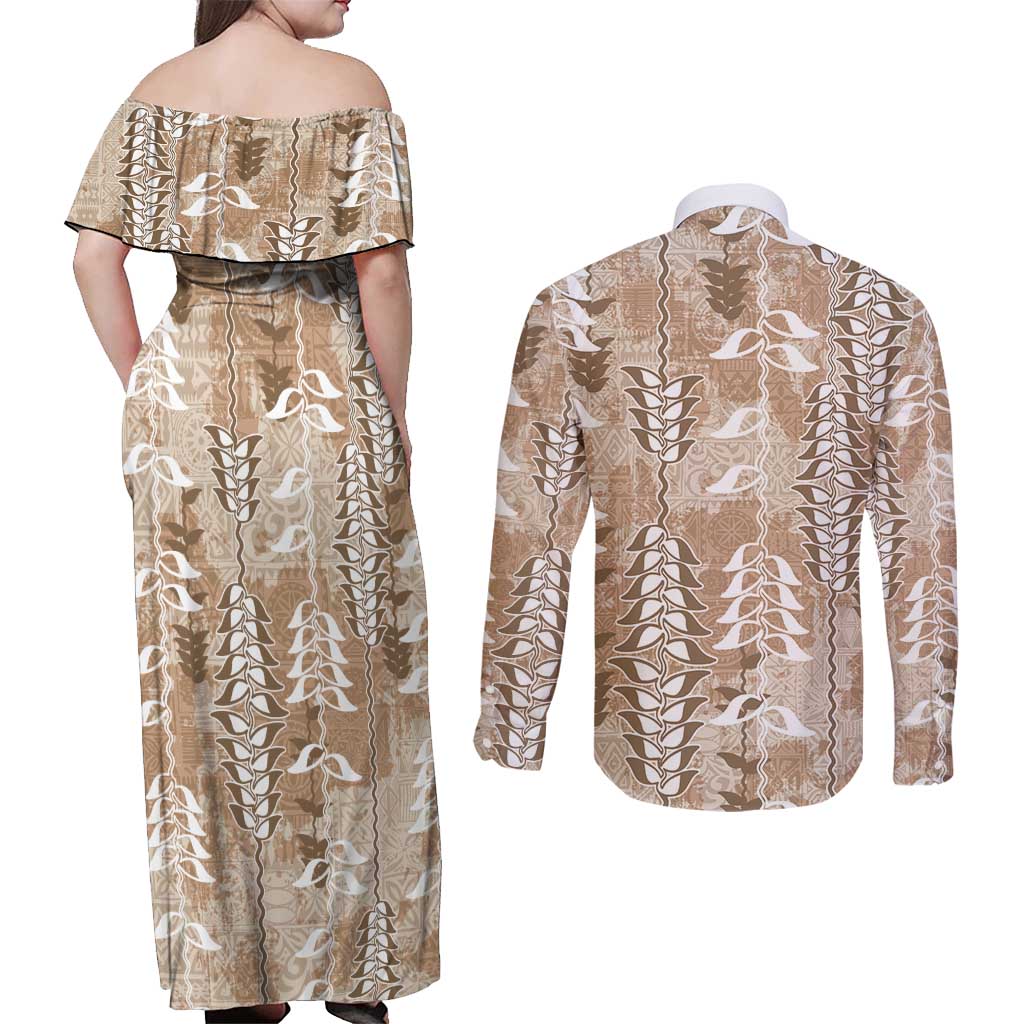 Beige Hawaii Tapa Pattern Couples Matching Off Shoulder Maxi Dress and Long Sleeve Button Shirt With Heliconia Vintage Style