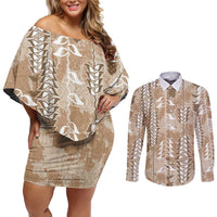 Beige Hawaii Tapa Pattern Couples Matching Off Shoulder Short Dress and Long Sleeve Button Shirt With Heliconia Vintage Style