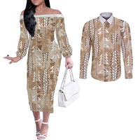 Beige Hawaii Tapa Pattern Couples Matching Off The Shoulder Long Sleeve Dress and Long Sleeve Button Shirt With Heliconia Vintage Style