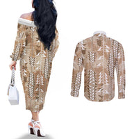 Beige Hawaii Tapa Pattern Couples Matching Off The Shoulder Long Sleeve Dress and Long Sleeve Button Shirt With Heliconia Vintage Style