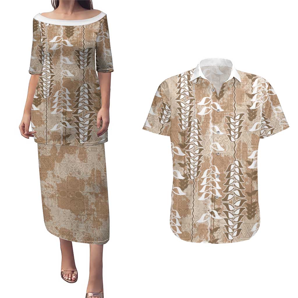 Beige Hawaii Tapa Pattern Couples Matching Puletasi and Hawaiian Shirt With Heliconia Vintage Style