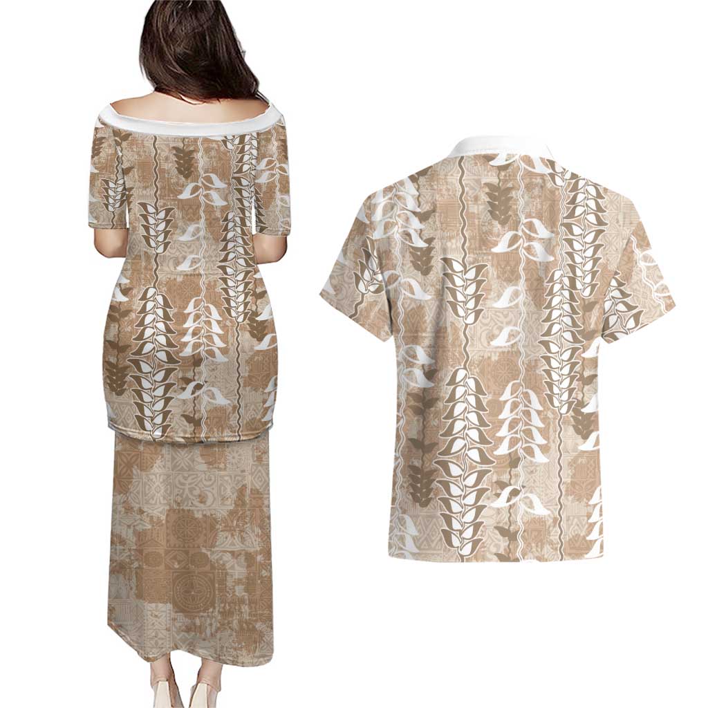 Beige Hawaii Tapa Pattern Couples Matching Puletasi and Hawaiian Shirt With Heliconia Vintage Style