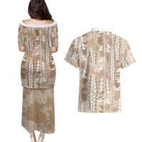 Beige Hawaii Tapa Pattern Couples Matching Puletasi and Hawaiian Shirt With Heliconia Vintage Style