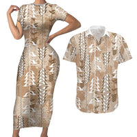 Beige Hawaii Tapa Pattern Couples Matching Short Sleeve Bodycon Dress and Hawaiian Shirt With Heliconia Vintage Style