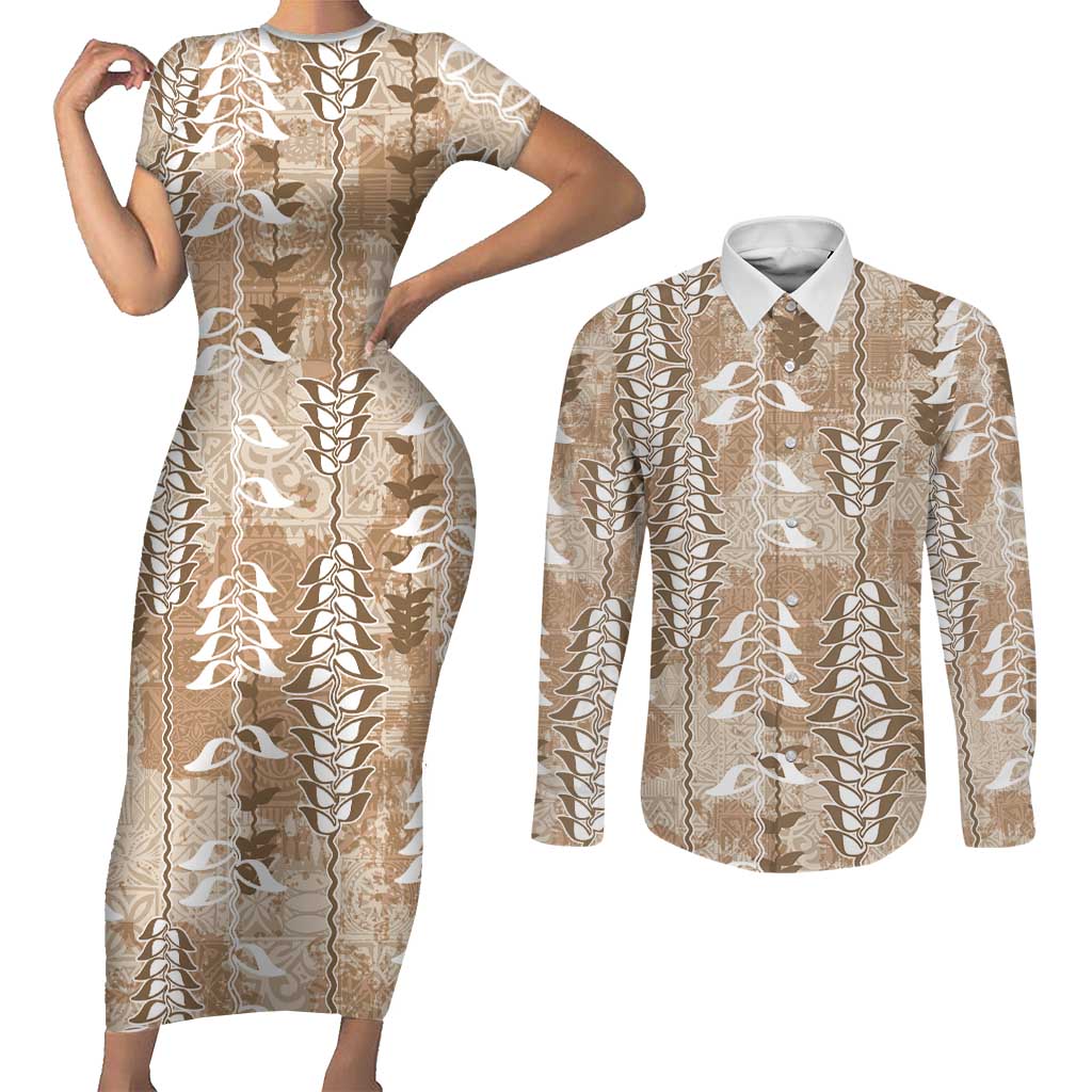 Beige Hawaii Tapa Pattern Couples Matching Short Sleeve Bodycon Dress and Long Sleeve Button Shirt With Heliconia Vintage Style