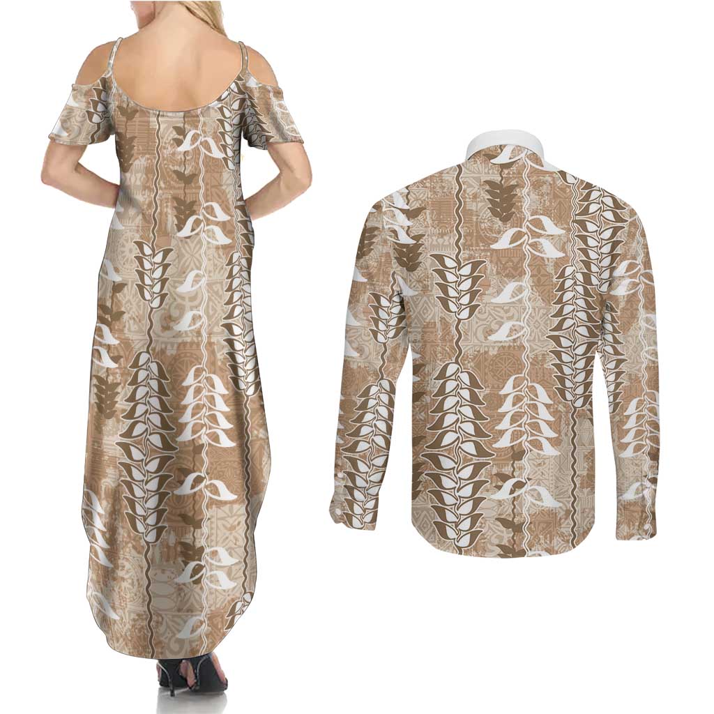 Beige Hawaii Tapa Pattern Couples Matching Summer Maxi Dress and Long Sleeve Button Shirt With Heliconia Vintage Style