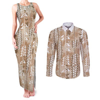 Beige Hawaii Tapa Pattern Couples Matching Tank Maxi Dress and Long Sleeve Button Shirt With Heliconia Vintage Style