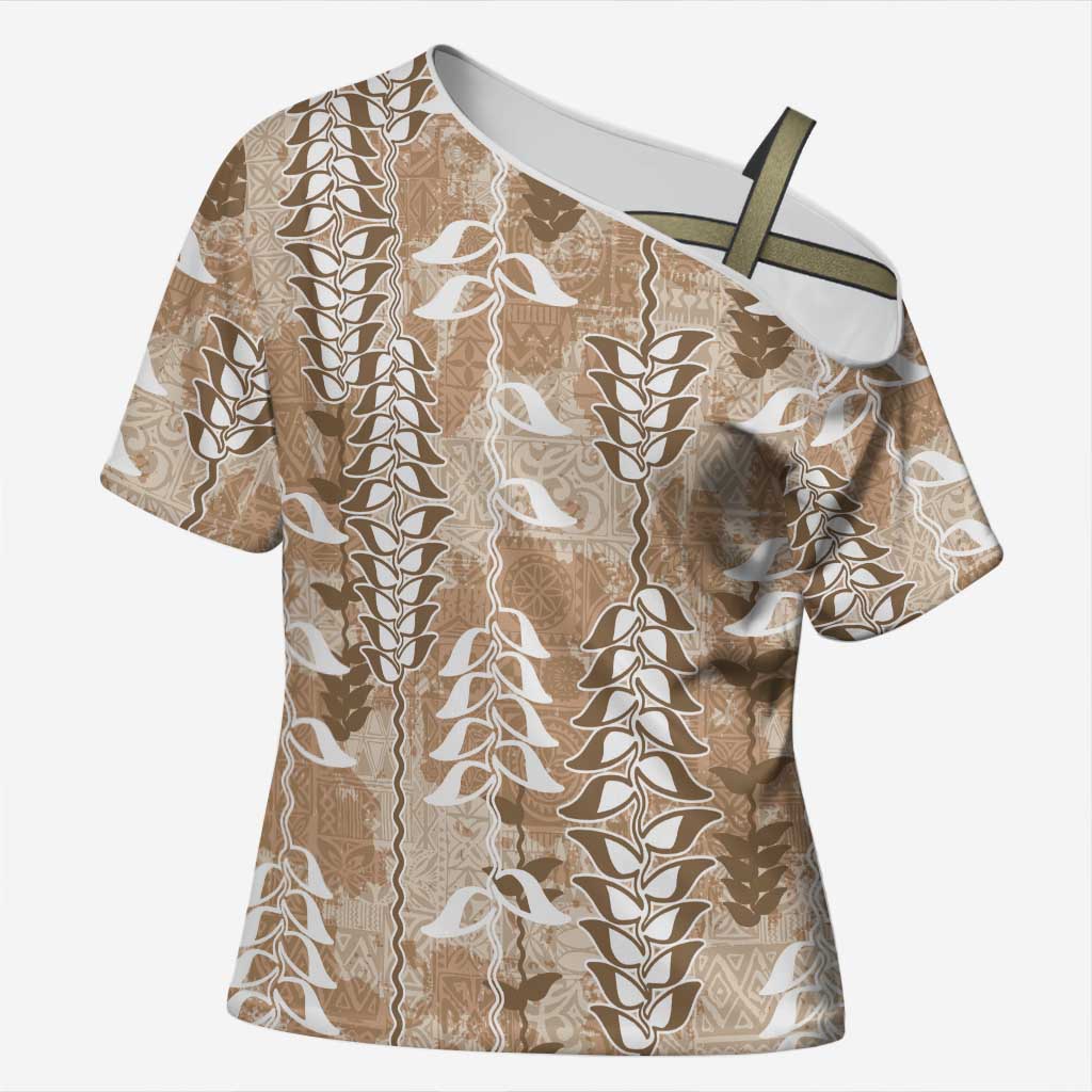 Beige Hawaii Tapa Pattern Cross Shoulder Shirt With Heliconia Vintage Style