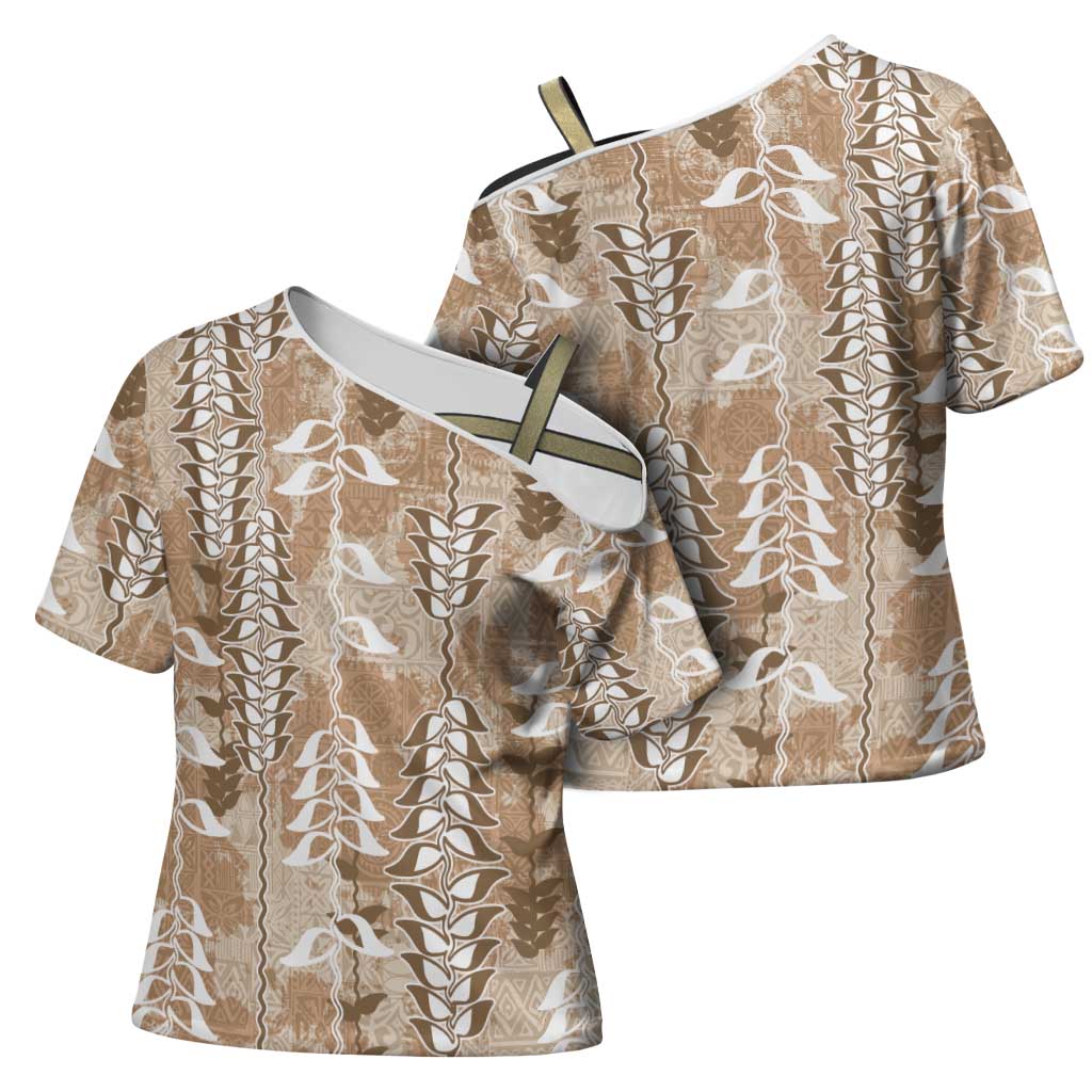 Beige Hawaii Tapa Pattern Cross Shoulder Shirt With Heliconia Vintage Style