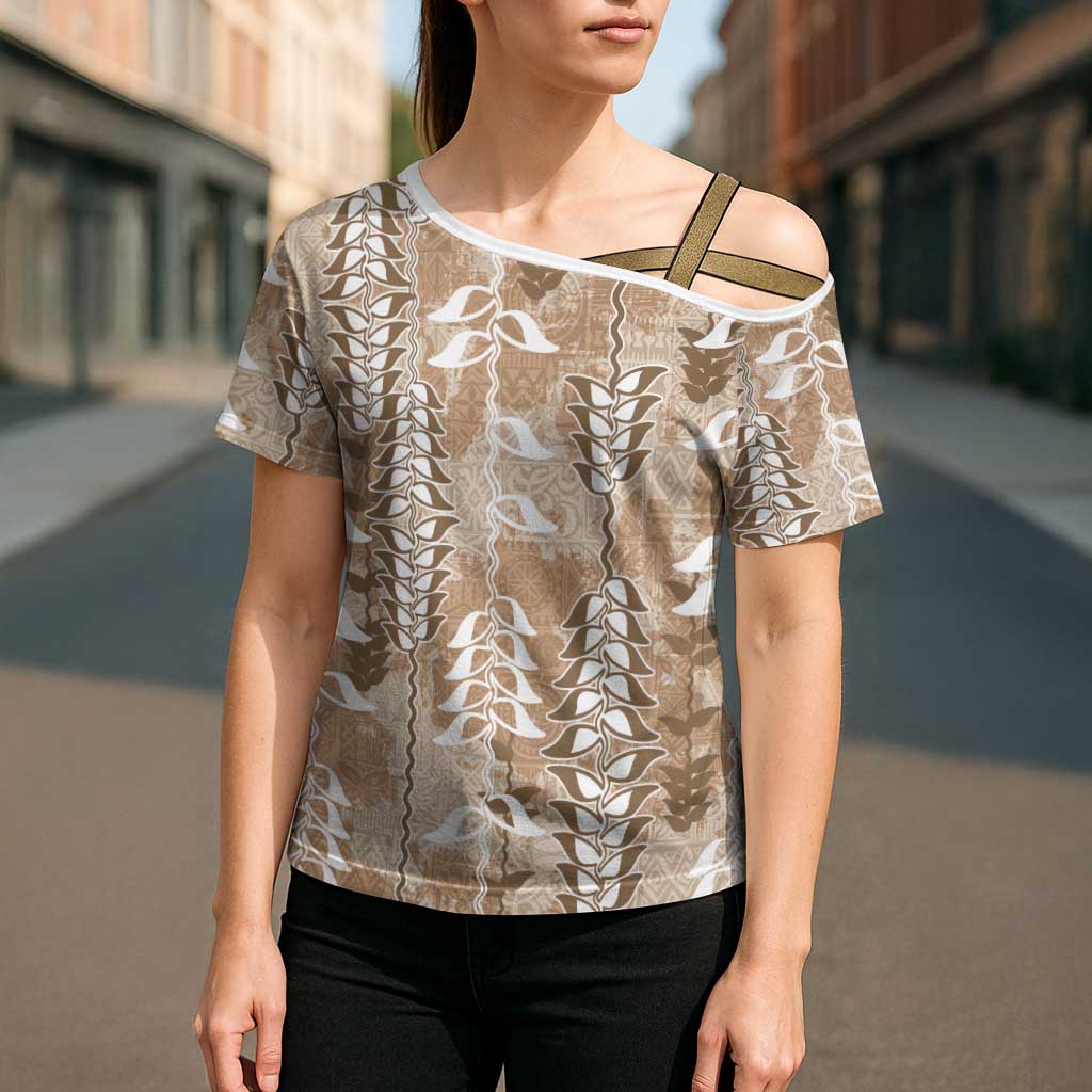 Beige Hawaii Tapa Pattern Cross Shoulder Shirt With Heliconia Vintage Style