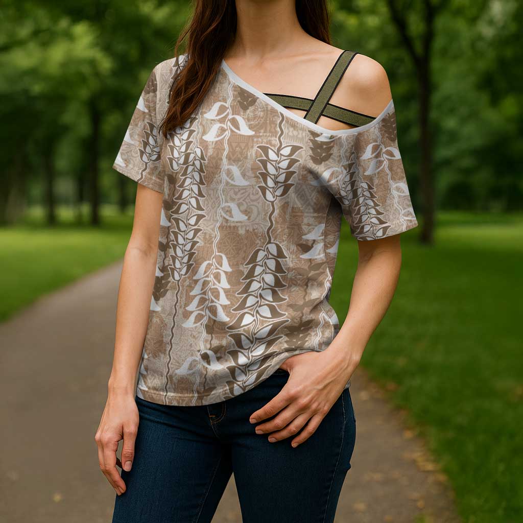 Beige Hawaii Tapa Pattern Cross Shoulder Shirt With Heliconia Vintage Style