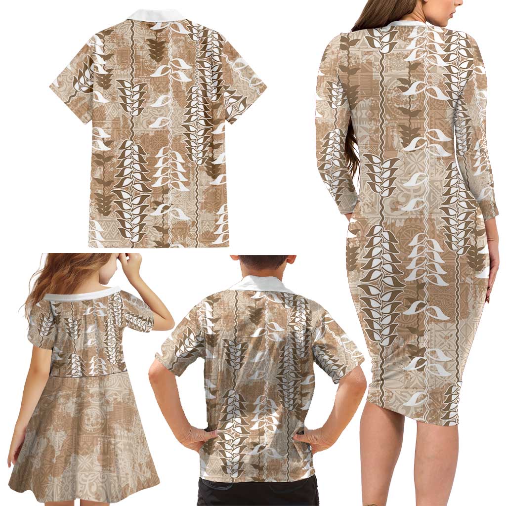 Beige Hawaii Tapa Pattern Family Matching Long Sleeve Bodycon Dress and Hawaiian Shirt With Heliconia Vintage Style LT05 - Polynesian Pride