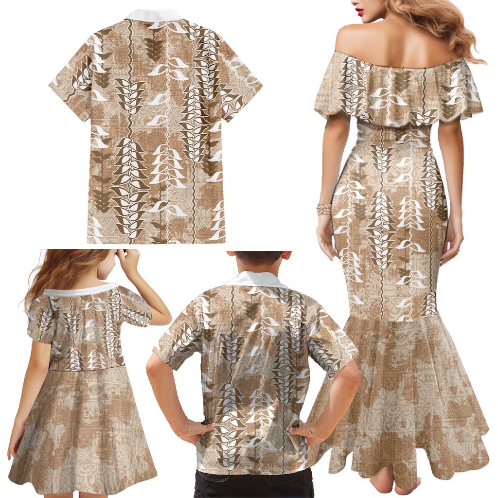 Beige Hawaii Tapa Pattern Family Matching Mermaid Dress and Hawaiian Shirt With Heliconia Vintage Style LT05 - Polynesian Pride